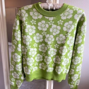 Green floral cropped knit sweater